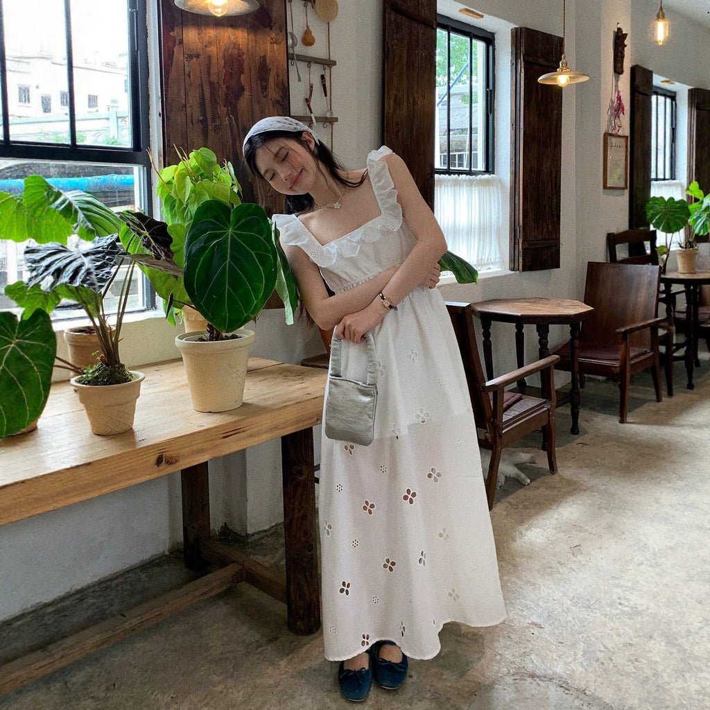 Korean Light Luxury Slim Fit Sweet Design White Dress Waist Slimming Elegant Ruffled Cami Dress EverBillion