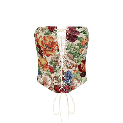 Débardeur bustier sexy à bretelles fines, coupe asymétrique courte, imprimé, corset à baleines.