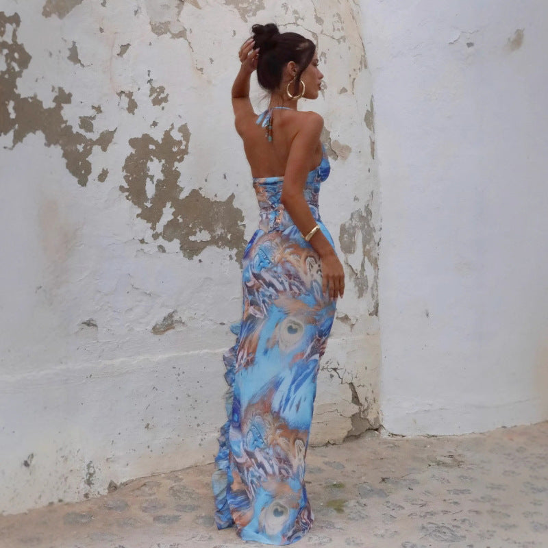 Summer Sexy Slim Print Lace up Sleeveless Hip Lotus Leaf Split Dress