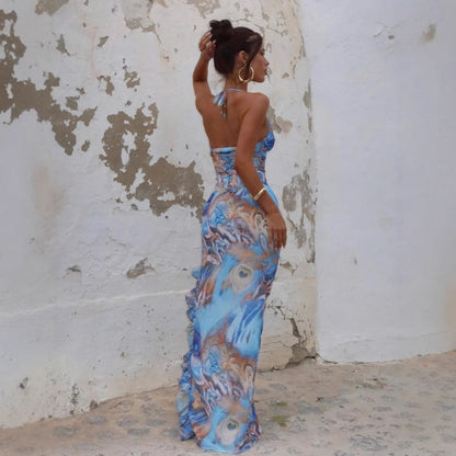 Summer Sexy Slim Print Lace up Sleeveless Hip Lotus Leaf Split Dress