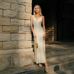 Satin Dress V neck Backless Solid Color Elegant High Grade Dress Cami Dress Rogan