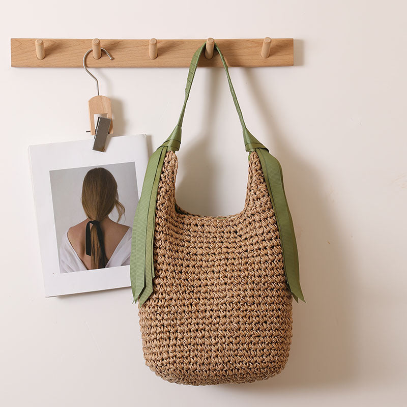 Sac à bandoulière en paille avec ruban, grande capacité, couleur unie, tissé, pour vacances à la mer, plage 