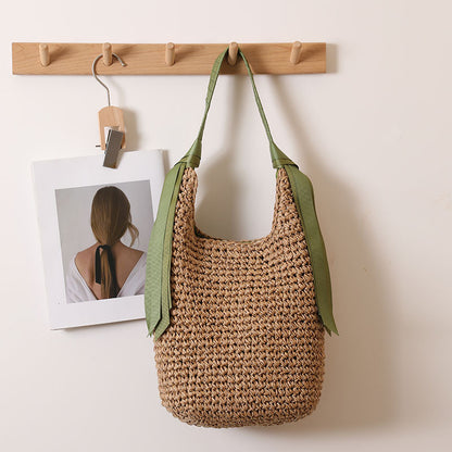 Bolso de paja con cinta para el hombro, de gran capacidad, tejido en color liso, para playa, vacaciones y playa. 