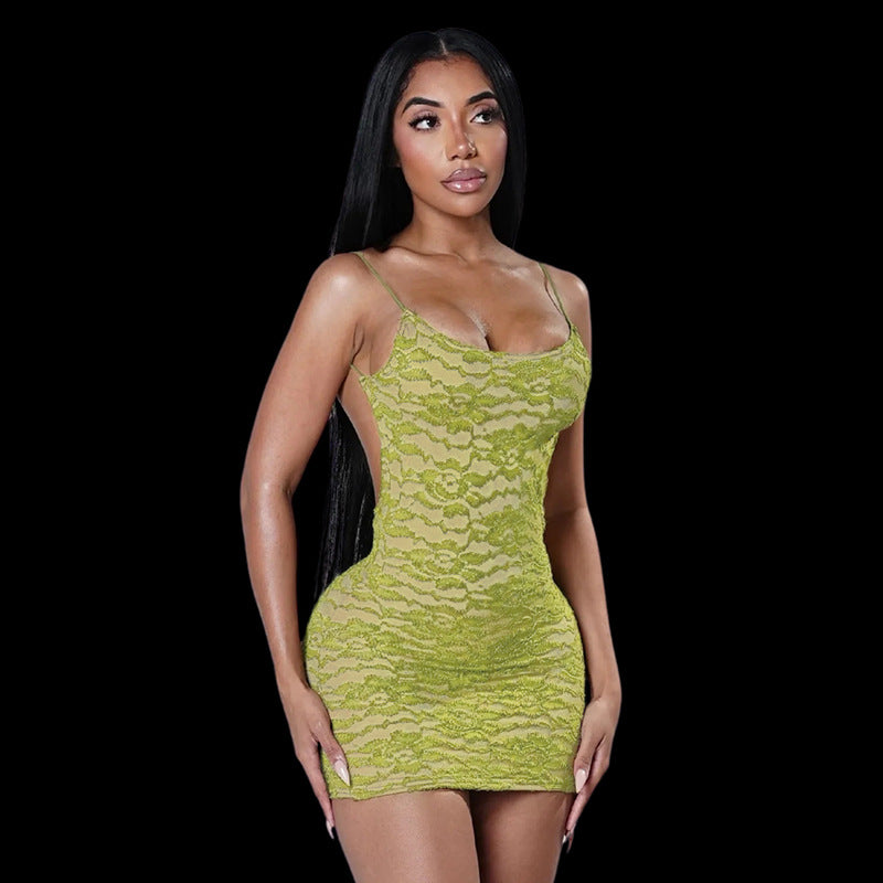 Women Clothing Summer Solid Color Sexy Lace Sling Bare Back Skinny Sheath Dress HONEYBADGER