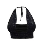 Women Clothing Metal Sequ Low-Cut Lace-up Vest Sexy Deep V Plunge Plunge Cropped Top CYSM