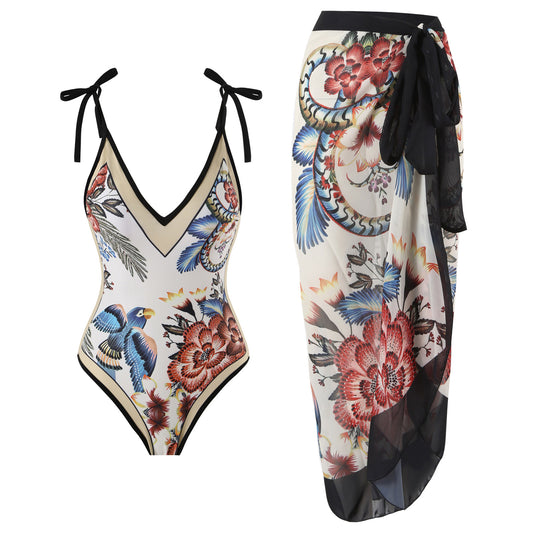 Women One Piece Swimsuit Women Skinny Slimming Retro Tied Swimsuit Suit Chiffon Dress