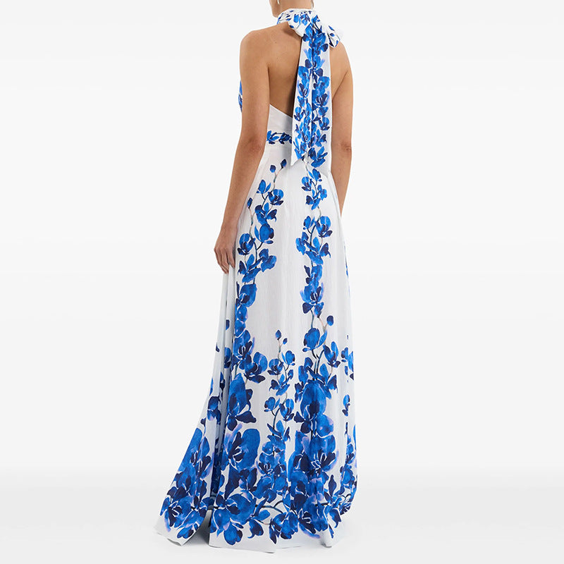 Spring Summer Star Printed Casual Vacation Dress Halter Maxi Dress Olady