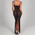 Robe moulante sexy à bretelles et dos nu en dentelle, robe fendue à pois, automne