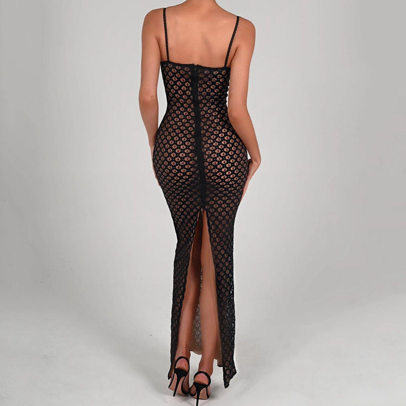 Robe moulante sexy à bretelles et dos nu en dentelle, robe fendue à pois, automne