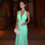 Summer Women Clothing Solid Color Elegant Sexy Mesh Stitching Halter Pleated Dress for Women YIMAIL