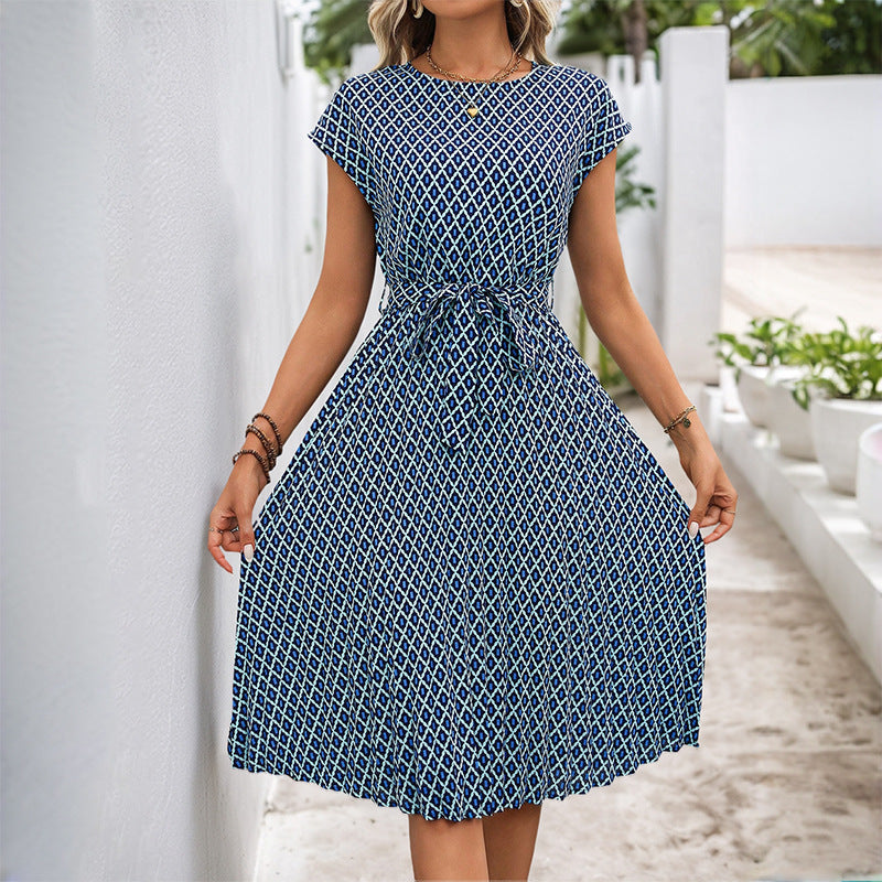 Dress Lace up Flying Sleeves Printed round Neck Dress HUNDRED