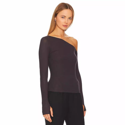 Slant Shoulder T shirt Shein Popular Slim Slimming Thumb Hole Long Sleeve Top Fall Women Clothing