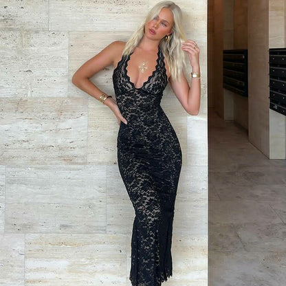 Women Clothing Summer Sexy V neck Lace Backless Slit Lace up Dress