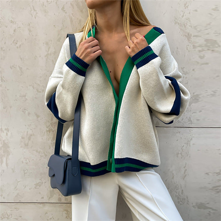 Cárdigan de color contrastante, suéter holgado informal de otoño e invierno para mujer, suéter de punto sencillo a rayas, abrigo