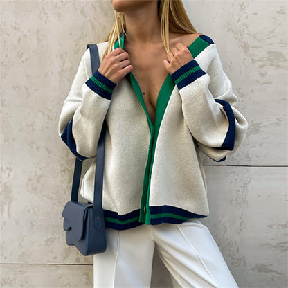 Cárdigan de color contrastante, suéter holgado informal de otoño e invierno para mujer, suéter de punto sencillo a rayas, abrigo