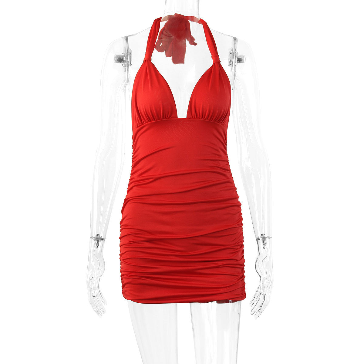 Summer Women Clothing Deep V-neck Halter Lace-up Backless Sexy Pleated Dress Zaya
