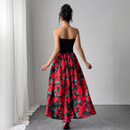 Spring Summer Elegant Lady Rose Print Short Stitching Bandeau Sexy Maxi Dress Vivish