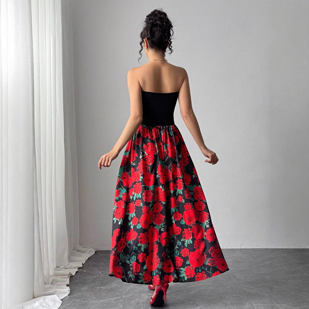 Spring Summer Elegant Lady Rose Print Short Stitching Bandeau Sexy Maxi Dress Vivish