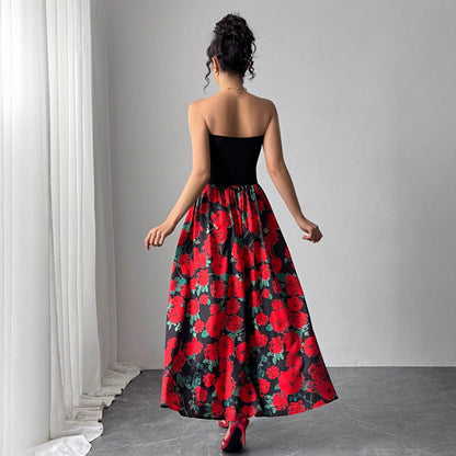 Spring Summer Elegant Lady Rose Print Short Stitching Bandeau Sexy Maxi Dress Vivish