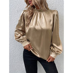 T-shirt à col montant et manches bouffantes pour femme, en satin, manches longues, style polyvalent, vêtements spéciaux pour femmes