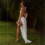 Solid Color Sexy Lace Cutout Beach Cover up Bikini Swimsuit Skirt Sets Mangar