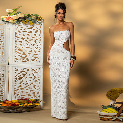 Women Clothing Solid Color Sleeveless Backless Lace Hollow Out Cutout out Slim Fit Dress
