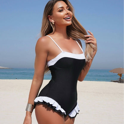 Sexy Solid Color One Piece Swimsuit Women Flounced Slim Slimming Swimsuit