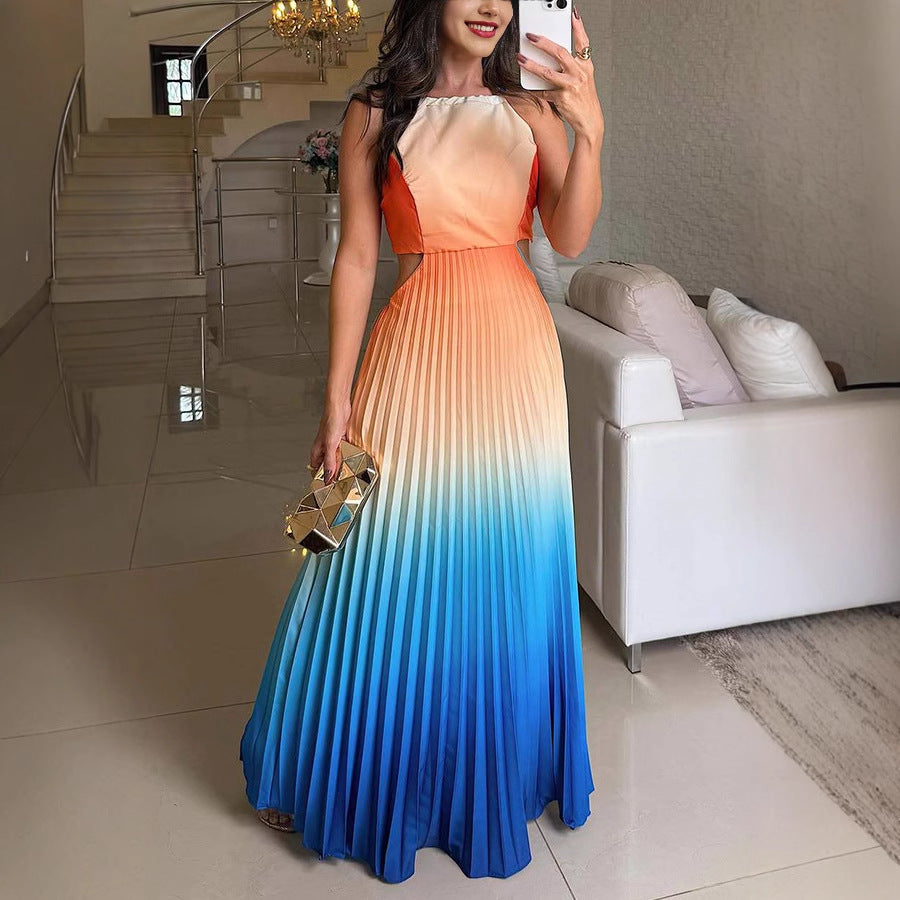 Sleeveless Pleated Backless Gradient Color Dress Gemi