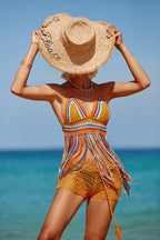 Multicolored Tassel Hand Crocheting Sexy Cutout Stylish Beach Swimsuit Tops Geery