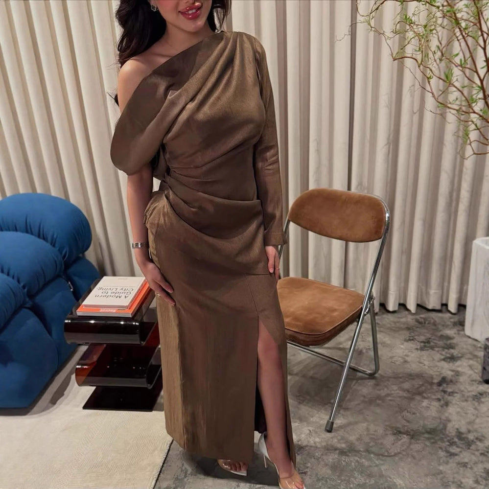 Spring Summer Elegant Retro One Shoulder Pleated Slim Slit Dress RMAI