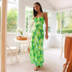 Fresh Sweet Summer Floral Print Backless Mid Length Dress XUYUN