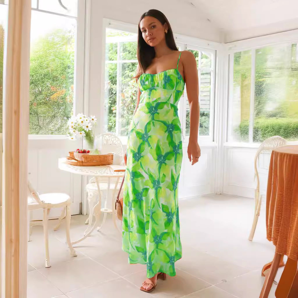 Fresh Sweet Summer Floral Print Backless Mid Length Dress XUYUN