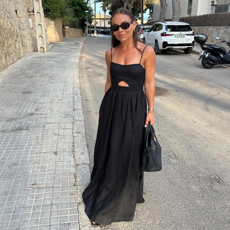Black Breathable Sling High Waist French Dress Spring Autumn Holiday Long Dress Women Kigali