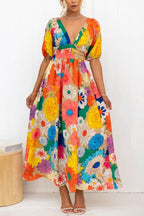 Summer Arrival V neck French Printed Puff Sleeve Casual Holiday Dress Women Havill