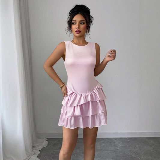 Summer Sleeveless round Neck Dress Sexy Lace up Slim Slimming Elegant Cake Dress