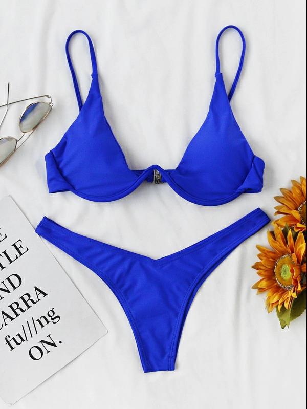 Sexy Bikini Split Gathering Steel Bracket Solid Color Swimsuit Women Wing Lok