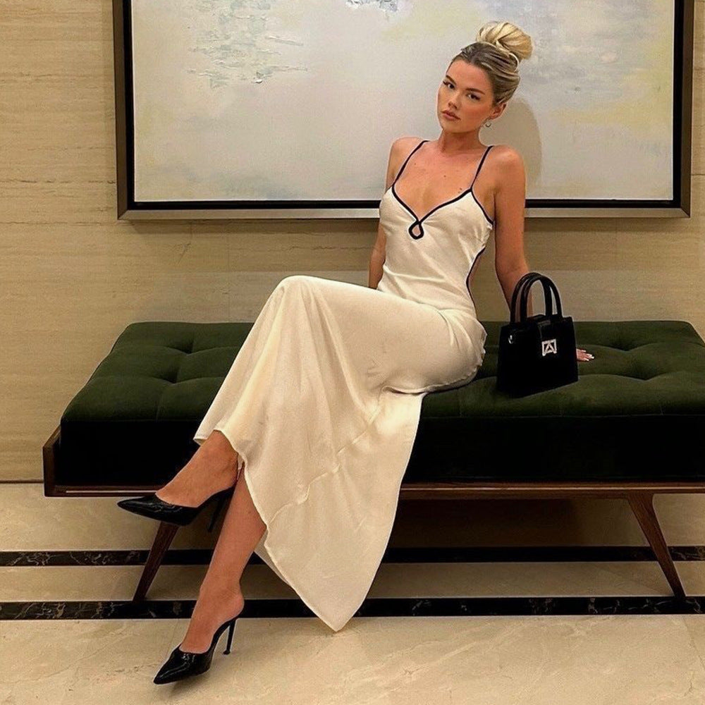 Vestido sexy de primavera y verano para mujer, con contraste de colores, corte ajustado, espalda descubierta, cuello halter y tirantes en la cadera.