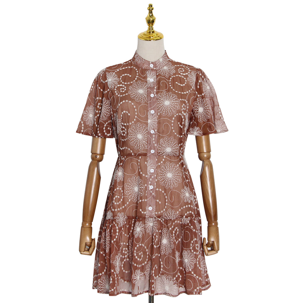 Early Spring Elegant Stand Collar Short Sleeve Printed Short Dress Plus Size Tiered Dress BOCAS