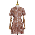 Early Spring Elegant Stand Collar Short Sleeve Printed Short Dress Plus Size Tiered Dress BOCAS