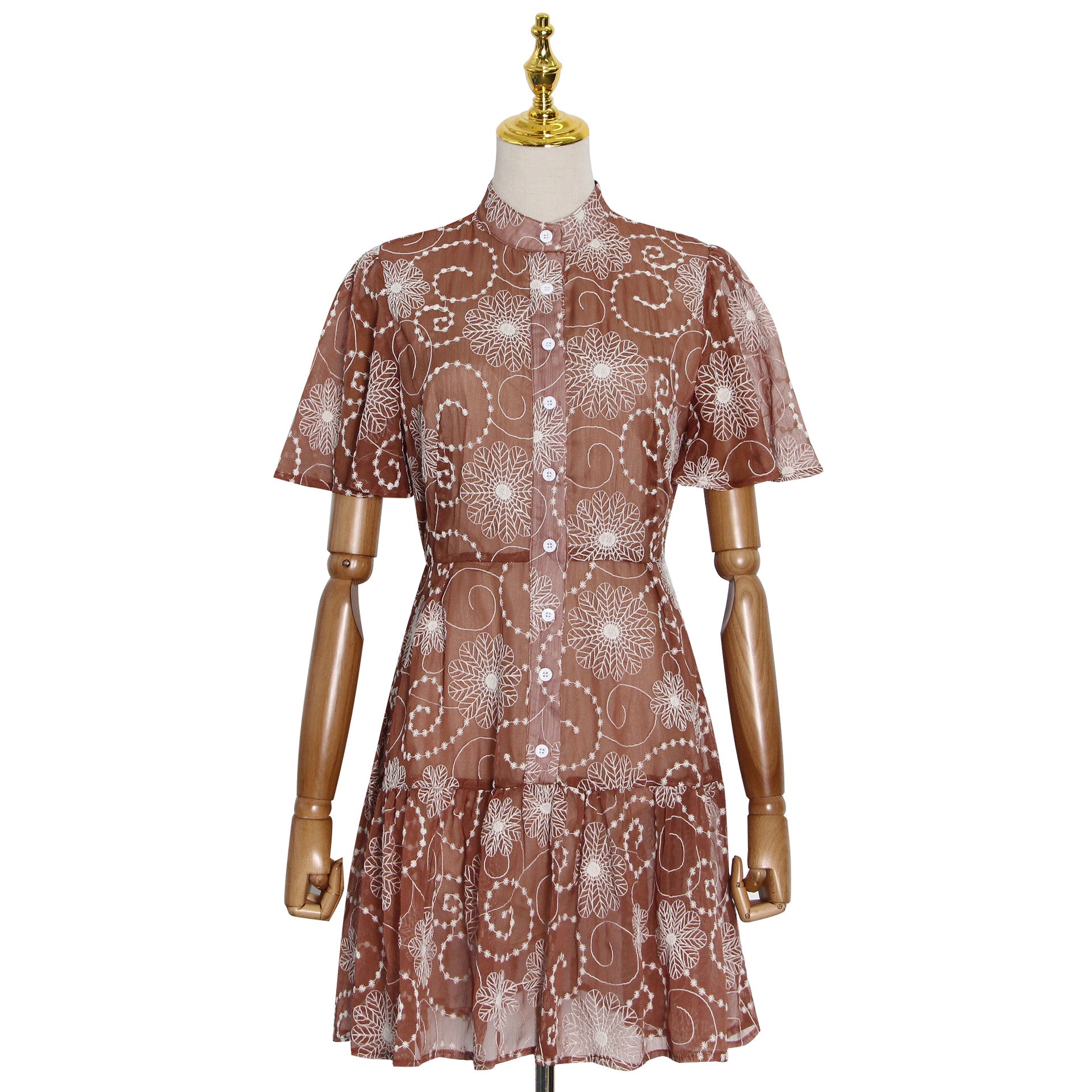 Early Spring Elegant Stand Collar Short Sleeve Printed Short Dress Plus Size Tiered Dress BOCAS
