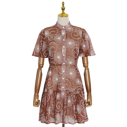 Early Spring Elegant Stand Collar Short Sleeve Printed Short Dress Plus Size Tiered Dress BOCAS