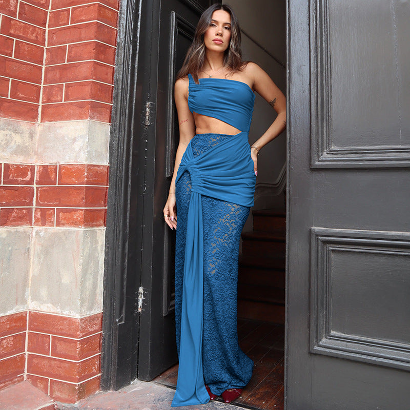 Women Clothing Spring Summer Sexy Mid Waist Hollow Out Cutout Lace Strap Dress BULLINGER
