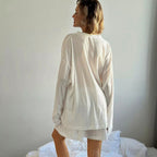 Pyjama en tricot jacquard blanc pour femme, col rond, manches longues, ample et confortable, collection automne