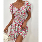 Summer Floral Waist Puff Sleeve Stitching Dress Jeme