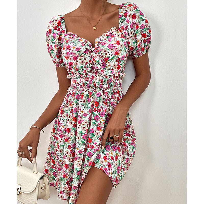 Summer Floral Waist Puff Sleeve Stitching Dress Jeme