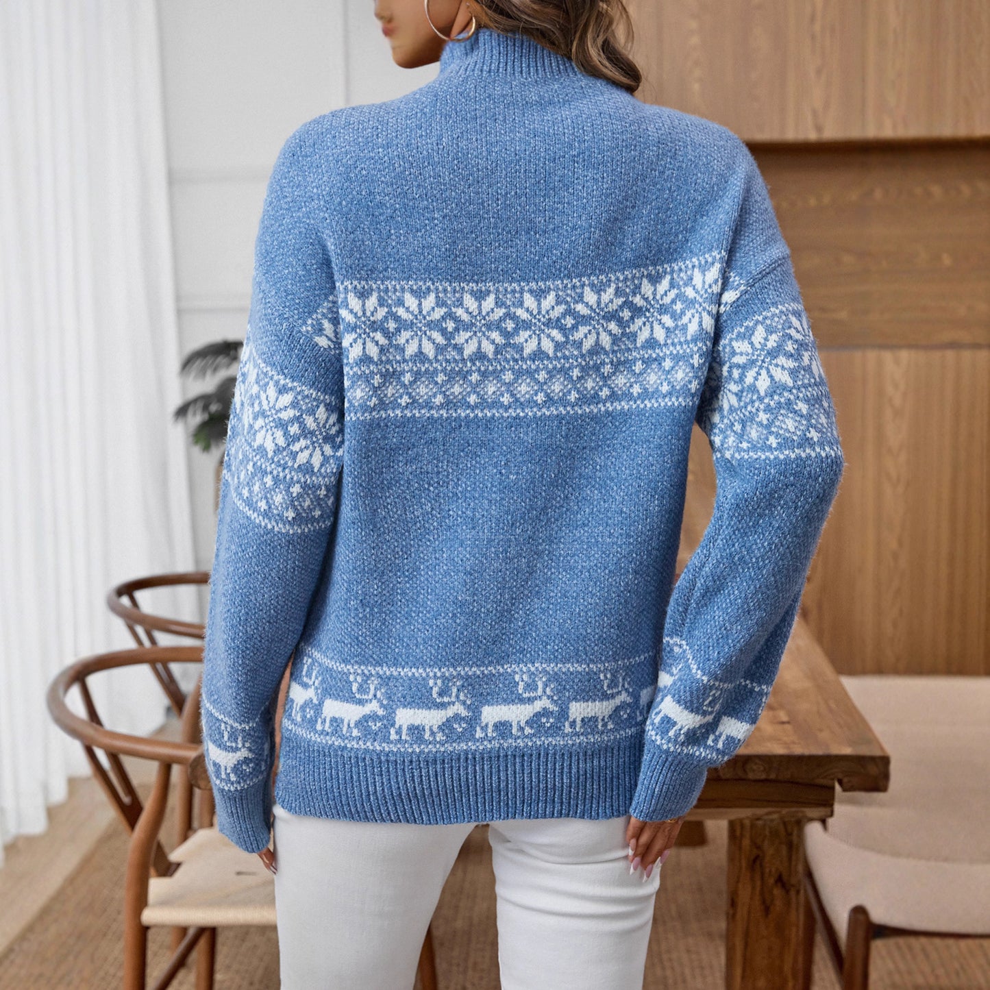 Christmas Snowflake Brocade Sweater Women Autumn Winter Half Turtleneck Pullover Long Sleeve Sweater