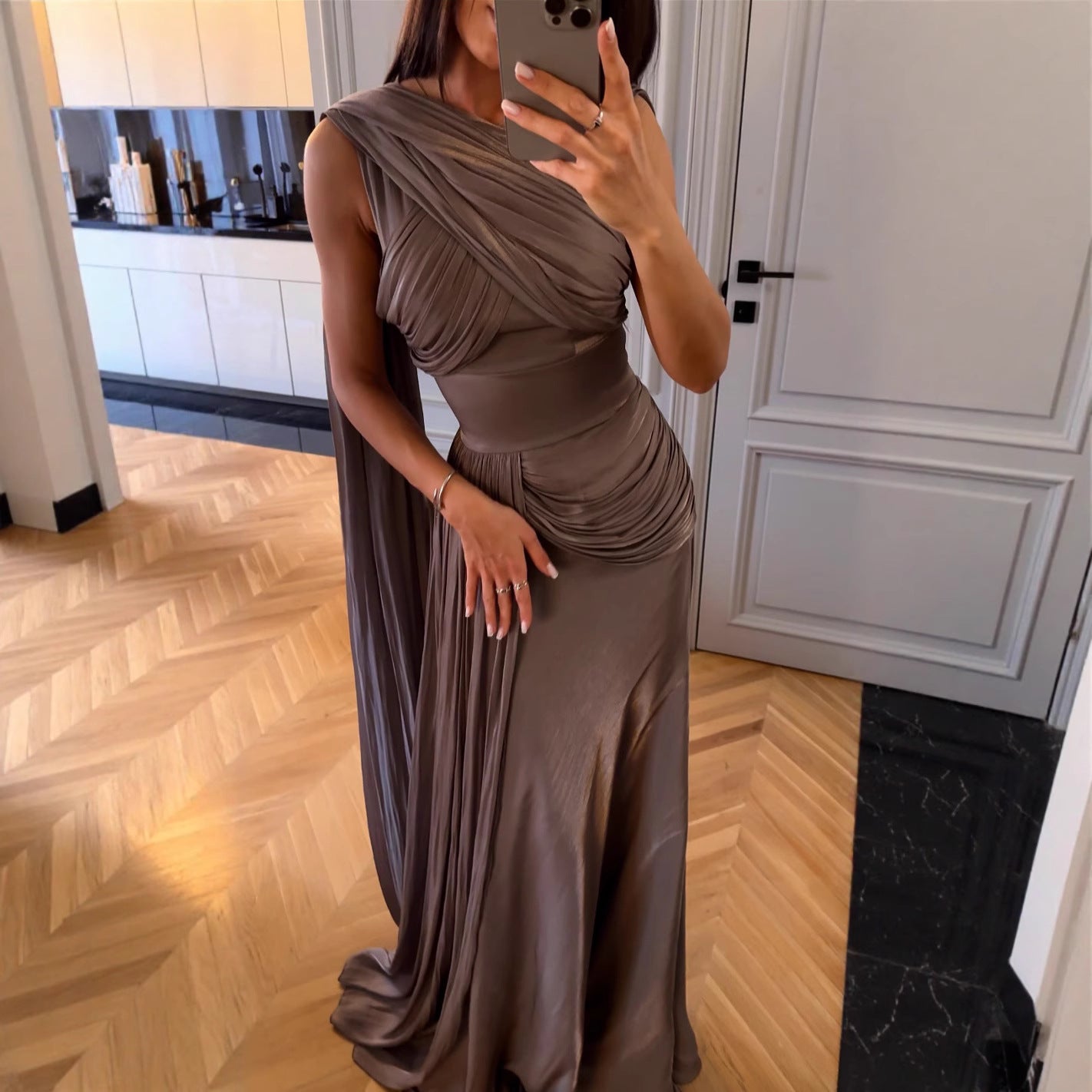 Spring Summer Women Clothing Pleated Ribbon Satin Evening Dress RMAI