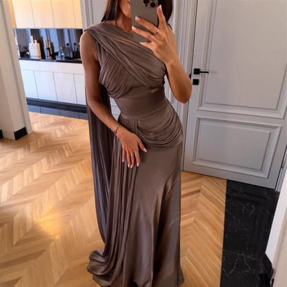 Spring Summer Women Clothing Pleated Ribbon Satin Evening Dress RMAI