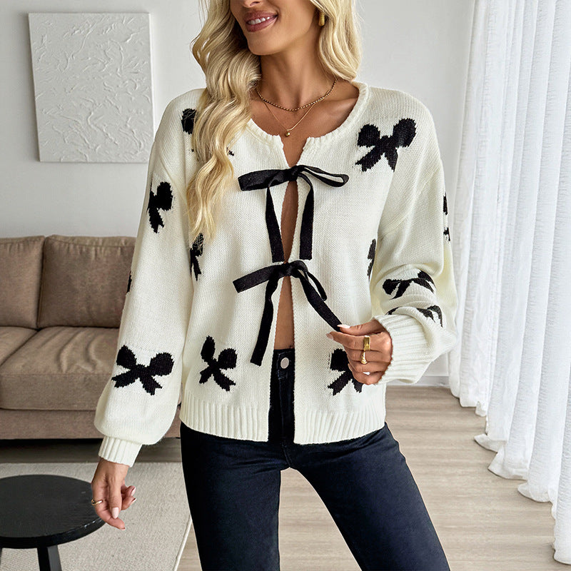Sweet Design Lace up Bow Pattern Women Sweater Cardigan