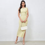 Robe sexy et élégante en soie de lait avec fente latérale et ruban aux épaules